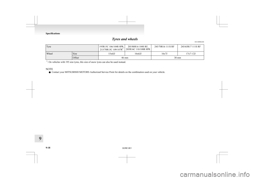 MITSUBISHI L200 2010 4.G Owners Manual Tyres and wheels
E01100902204Tyre
195R15C 106/104R 8PR,
215/70R15C 109/107R *205/80R16 104S RF,
205R16C 110/108R 8PR 245/70R16 111S RF 245/65R17 111S RFWheel Size
15x6JJ16x6JJ 16x7J17x7 1/2J Offset
46