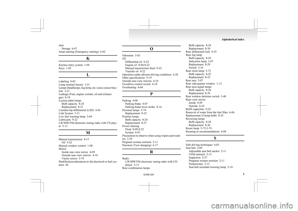 MITSUBISHI L200 2010 4.G Owners Manual Jack
Storage  6-07
Jump starting (Emergency starting)
  6-02
K Keyless entry system  1-04
Keys  1-02
LLabeling  9-02
Lamp monitor buzzer

  3-31
Lamps (headlamps, fog lamp, etc.) auto-cutout func-
tio