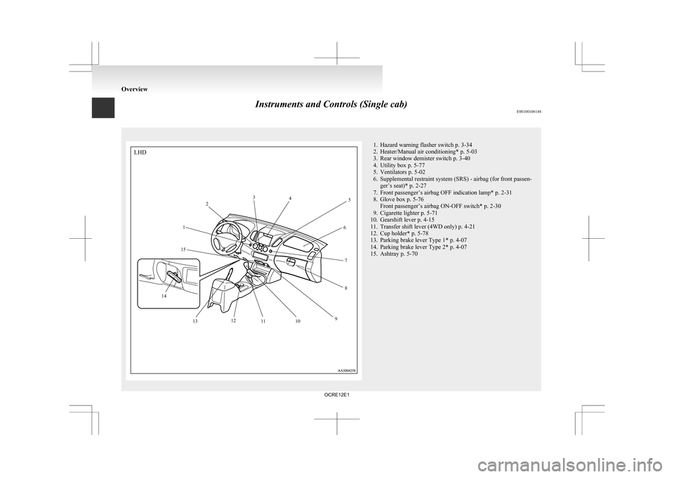 MITSUBISHI L200 2010 4.G Owners Manual Instruments and Controls (Single cab)
E00100106148 1. Hazard warning flasher switch p. 3-34
2.
Heater/Manual air conditioning* p. 5-03
3. Rear window demister switch p. 3-40
4. Utility box p. 5-77
5. 
