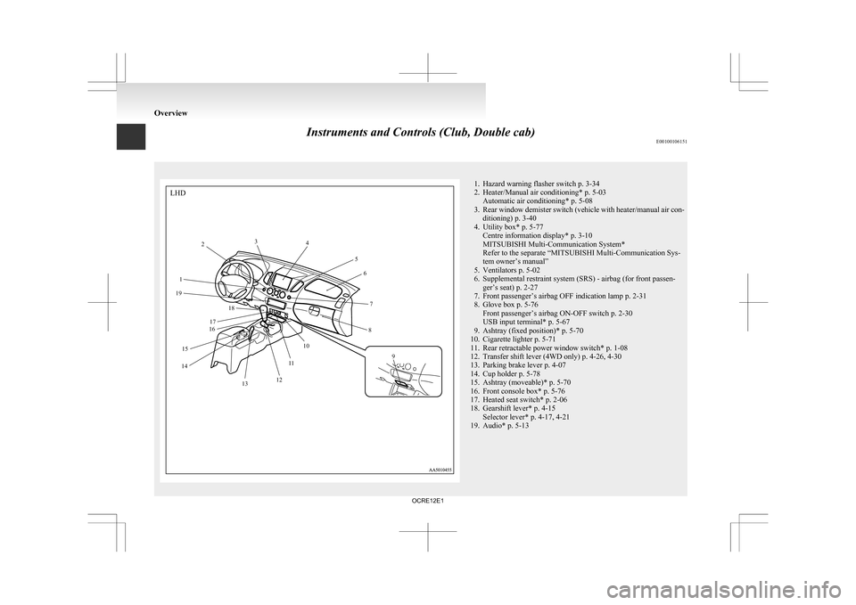 MITSUBISHI L200 2010 4.G Owners Manual Instruments and Controls (Club, Double cab)
E001001061511. Hazard warning flasher switch p. 3-34
2.
Heater/Manual air conditioning* p. 5-03Automatic air conditioning* p. 5-08
3. Rear window demister s