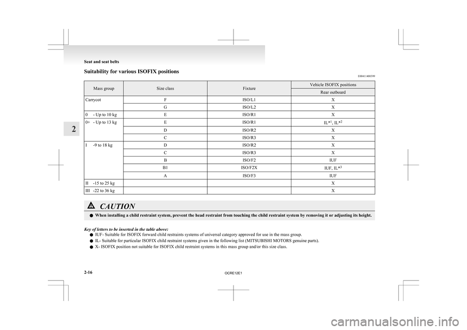 MITSUBISHI L200 2010 4.G Owners Manual Suitability for various ISOFIX positions
E00411400399Mass group Size class Fixture Vehicle ISOFIX positions
Rear outboard
Carrycot FISO/L1 X
G ISO/L2 X
0 - Up to 10 kg EISO/R1 X
0+ - Up to 13 kg EISO/