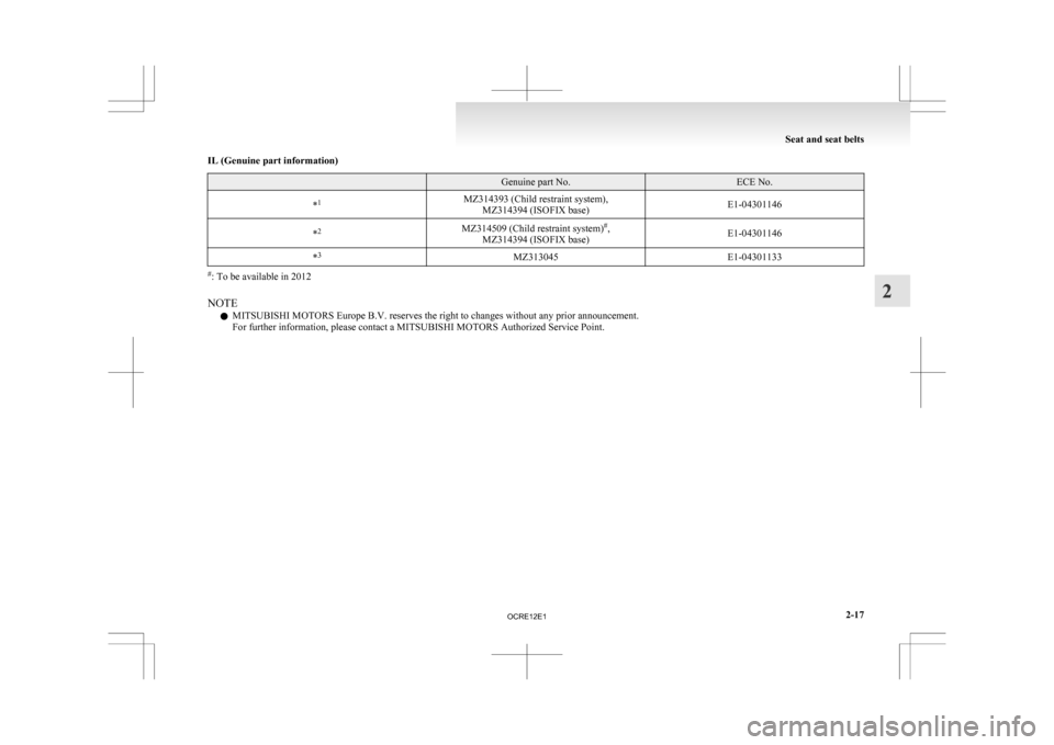 MITSUBISHI L200 2010 4.G Repair Manual IL (Genuine part information)
  Genuine part No. ECE No.
* 1
MZ314393 (Child restraint system),
MZ314394 (ISOFIX base) E1-04301146
* 2
MZ314509 (Child restraint system)#
,
MZ314394 (ISOFIX base) E1-04