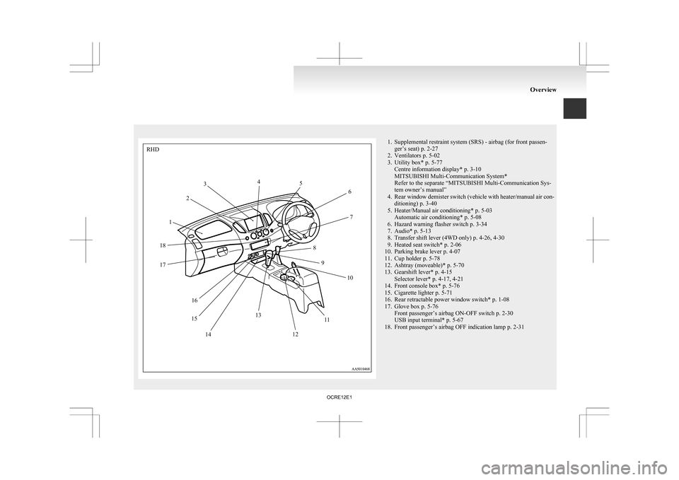 MITSUBISHI L200 2010 4.G Owners Manual 1. Supplemental restraint system (SRS) - airbag (for front passen-
ger’s seat) p. 2-27
2.
Ventilators p. 5-02
3. Utility box* p. 5-77 Centre information display* p. 3-10
MITSUBISHI Multi-Communicati