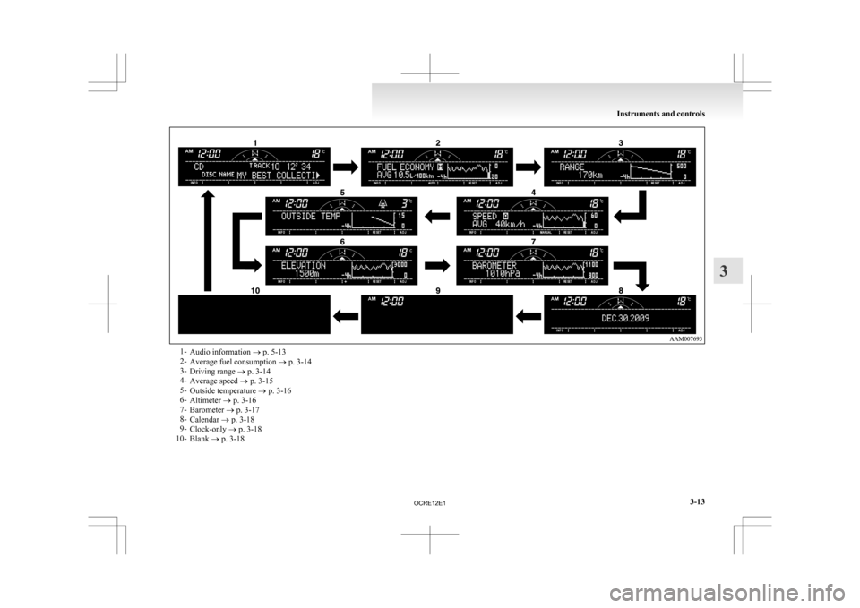 MITSUBISHI L200 2010 4.G Owners Manual 1-
Audio information  ® p. 5-13
2- Average fuel consumption
 ® p. 3-14
3- Driving range ® p. 3-14
4- Average speed ® p. 3-15
5- Outside temperature ® p. 3-16
6- Altimeter  ® p. 3-16
7- Barometer