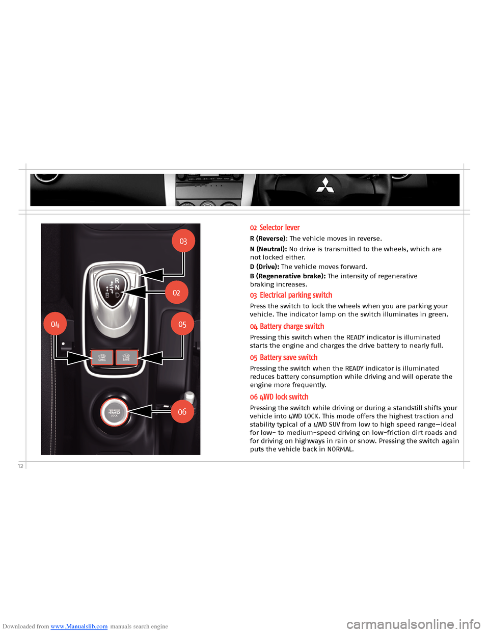 MITSUBISHI OUTLANDER HYBRID 2014 3.G Owners Handbook Downloaded from www.Manualslib.com manuals search engine 12
02 Selector lever
R (Reverse): The vehicle moves in reverse.
N (Neutral): No drive is transmitted to the wheels, which are  not locked eithe