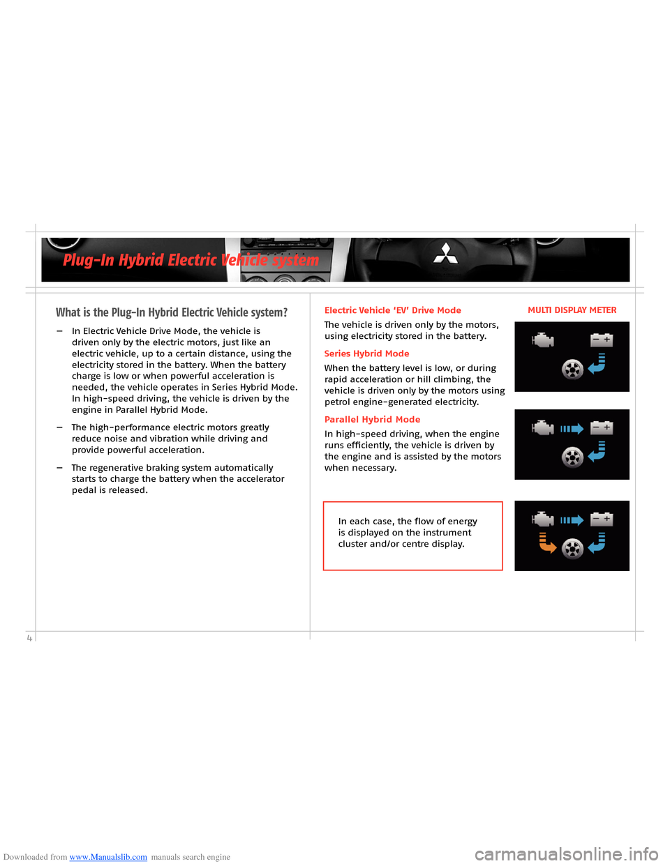 MITSUBISHI OUTLANDER HYBRID 2014 3.G Owners Handbook Downloaded from www.Manualslib.com manuals search engine 4
Plug-In Hybrid Electric Vehicle system
What is the Plug-In Hybrid Electric Vehicle system?
— In Electric Vehicle Drive Mode, the vehicle i MITSUBISHI OUTLANDER HYBRID 2014 3.G Owners Handbook Downloaded from www.Manualslib.com manuals search engine 4
Plug-In Hybrid Electric Vehicle system
What is the Plug-In Hybrid Electric Vehicle system?
— In Electric Vehicle Drive Mode, the vehicle i