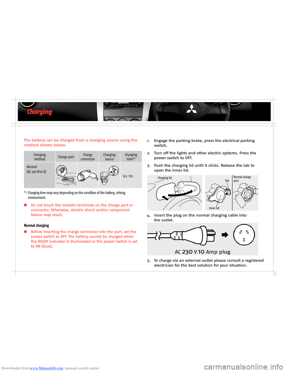 MITSUBISHI OUTLANDER HYBRID 2014 3.G Owners Handbook Downloaded from www.Manualslib.com manuals search engine 7
Charging
AC 230 V 10 Amp plug
5. To charge via an external outlet please consult a registered electrician for the best solution for your situ MITSUBISHI OUTLANDER HYBRID 2014 3.G Owners Handbook Downloaded from www.Manualslib.com manuals search engine 7
Charging
AC 230 V 10 Amp plug
5. To charge via an external outlet please consult a registered electrician for the best solution for your situ