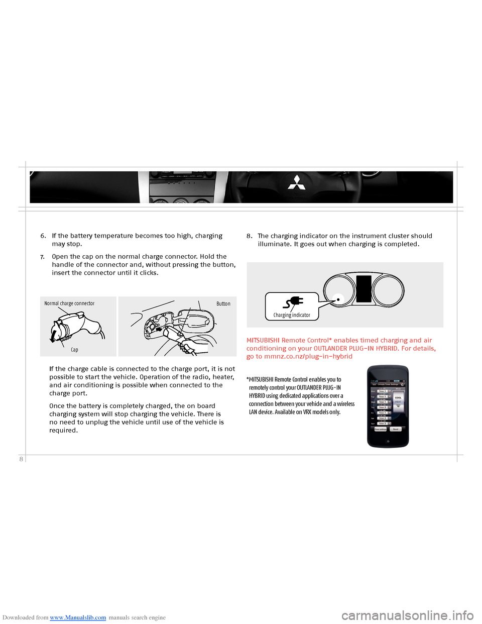 MITSUBISHI OUTLANDER HYBRID 2014 3.G Owners Handbook Downloaded from www.Manualslib.com manuals search engine 8
6. If the battery temperature becomes too high, charging may stop.
7. Open the cap on the normal charge connector. Hold the handle of the con