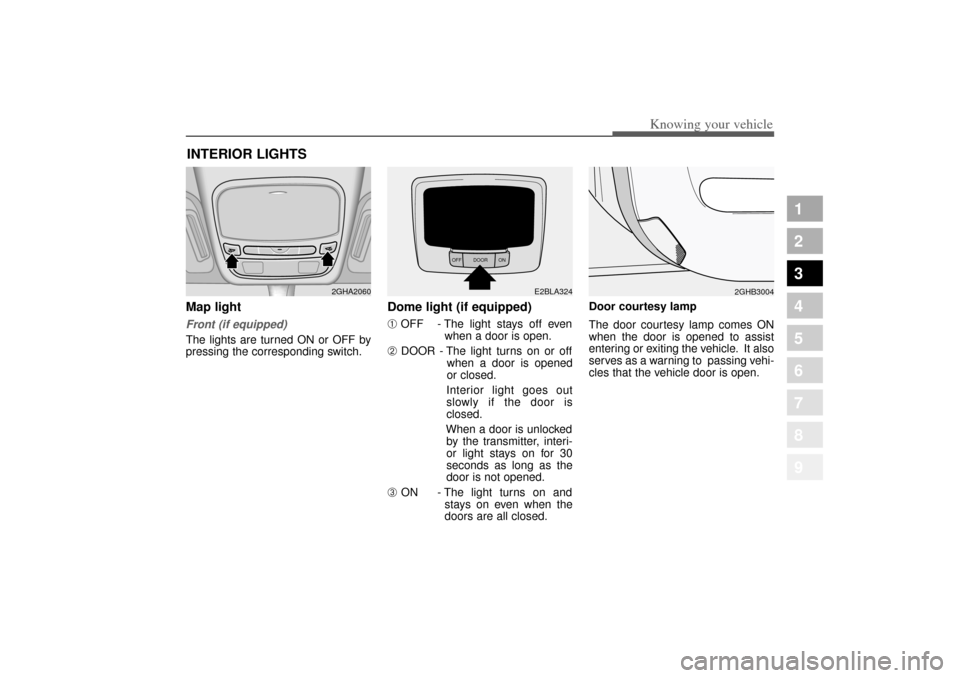 KIA Opirus 2004 1.G Owners Manual 391
1
2
3
4
5
6
7
8
9
Knowing your vehicle
Map light Front (if equipped)The lights are turned ON or OFF by
pressing the corresponding switch.
Dome light (if equipped)
➀
OFF - The light stays off eve KIA Opirus 2004 1.G Owners Manual 391
1
2
3
4
5
6
7
8
9
Knowing your vehicle
Map light Front (if equipped)The lights are turned ON or OFF by
pressing the corresponding switch.
Dome light (if equipped)
➀
OFF - The light stays off eve