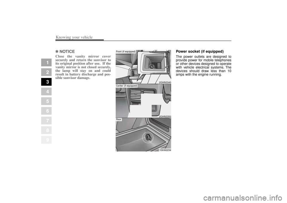 KIA Amanti 2004 1.G User Guide Knowing your vehicle98
3
1
2
3
4
5
6
7
8
9
✽ ✽
NOTICEClose the vanity mirror cover
securely and return the sunvisor to
its original position after use.  If the
vanity mirror is not closed securely