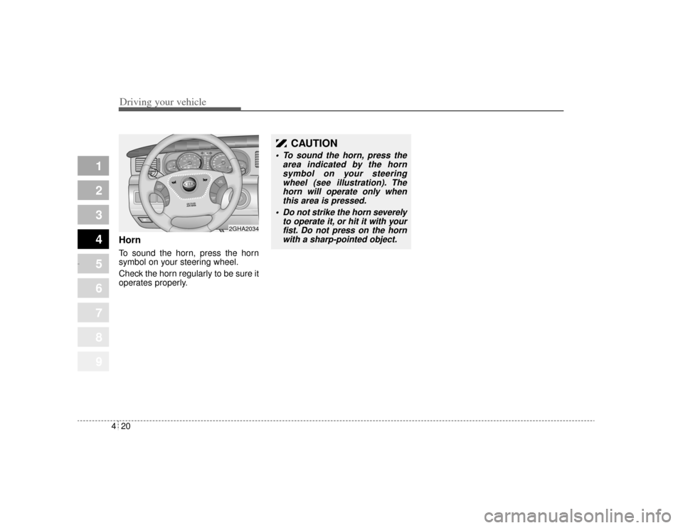KIA Amanti 2004 1.G Owners Manual Driving your vehicle20
4
1
2
3
4
5
6
7
8
9
HornTo sound the horn, press the horn
symbol on your steering wheel.
Check the horn regularly to be sure it
operates properly.
CAUTION
 To sound the horn, p