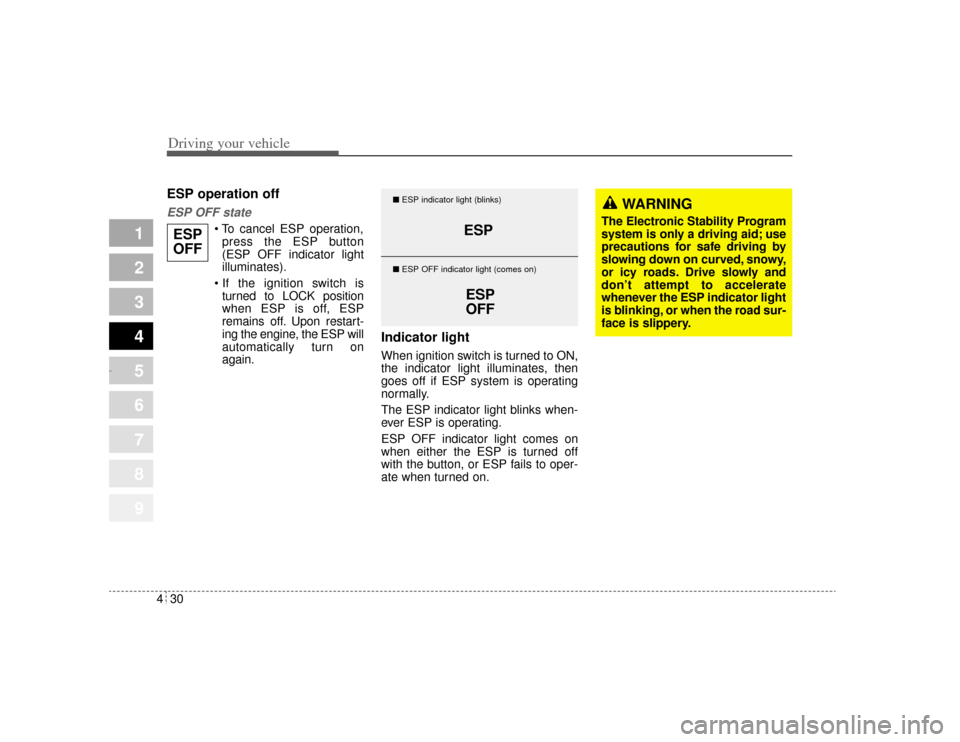 KIA Amanti 2004 1.G User Guide Driving your vehicle30
4
1
2
3
4
5
6
7
8
9
ESP operation offESP OFF state
 To cancel ESP operation,
press the ESP button
(ESP OFF indicator light
illuminates).
 If the ignition switch is turned to L