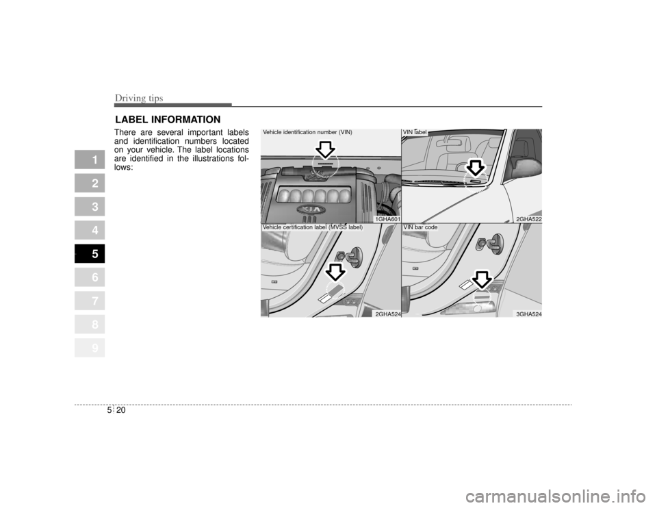 KIA Opirus 2004 1.G Owners Manual Driving tips20
5
1
2
3
4
5
6
7
8
9
LABEL INFORMATION There are several important labels
and identification numbers located
on your vehicle. The label locations
are identified in the illustrations fo KIA Opirus 2004 1.G Owners Manual Driving tips20
5
1
2
3
4
5
6
7
8
9
LABEL INFORMATION There are several important labels
and identification numbers located
on your vehicle. The label locations
are identified in the illustrations fo