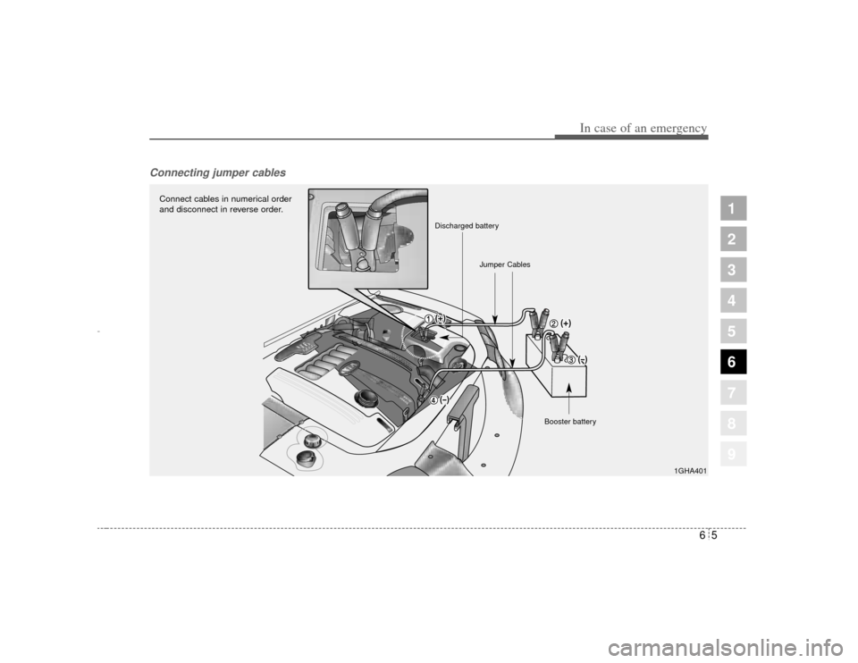 KIA Amanti 2004 1.G User Guide 65
In case of an emergency
Connecting jumper cables    
1
2
3
4
5
6
7
8
9
1GHA401
Connect cables in numerical order
and disconnect in reverse order.
Discharged batteryJumper Cables
Booster battery
Opi