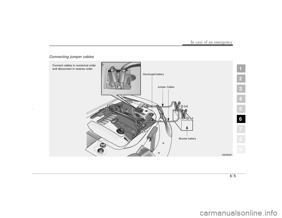 KIA Amanti 2004 1.G Owners Manual 65
In case of an emergency
Connecting jumper cables    
1
2
3
4
5
6
7
8
9
1GHA401
Connect cables in numerical order
and disconnect in reverse order.
Discharged batteryJumper Cables
Booster battery
Opi