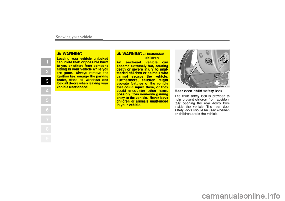 KIA Amanti 2004 1.G Owners Manual Knowing your vehicle12
3
1
2
3
4
5
6
7
8
9
Rear door child safety lockThe child safety lock is provided to
help prevent children from acciden-
tally opening the rear doors from
inside the vehicle. The