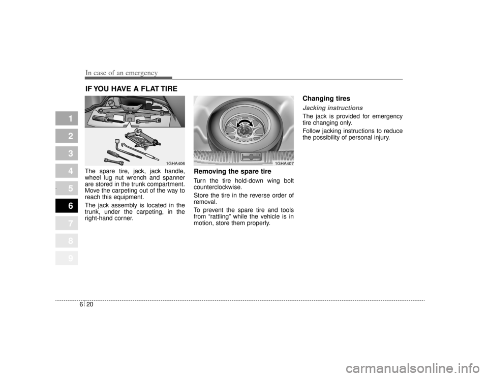 KIA Opirus 2004 1.G Owners Manual In case of an emergency20
6
1
2
3
4
5
6
7
8
9
IF YOU HAVE A FLAT TIRE The spare tire, jack, jack handle,
wheel lug nut wrench and spanner
are stored in the trunk compartment.
Move the carpeting out of KIA Opirus 2004 1.G Owners Manual In case of an emergency20
6
1
2
3
4
5
6
7
8
9
IF YOU HAVE A FLAT TIRE The spare tire, jack, jack handle,
wheel lug nut wrench and spanner
are stored in the trunk compartment.
Move the carpeting out of