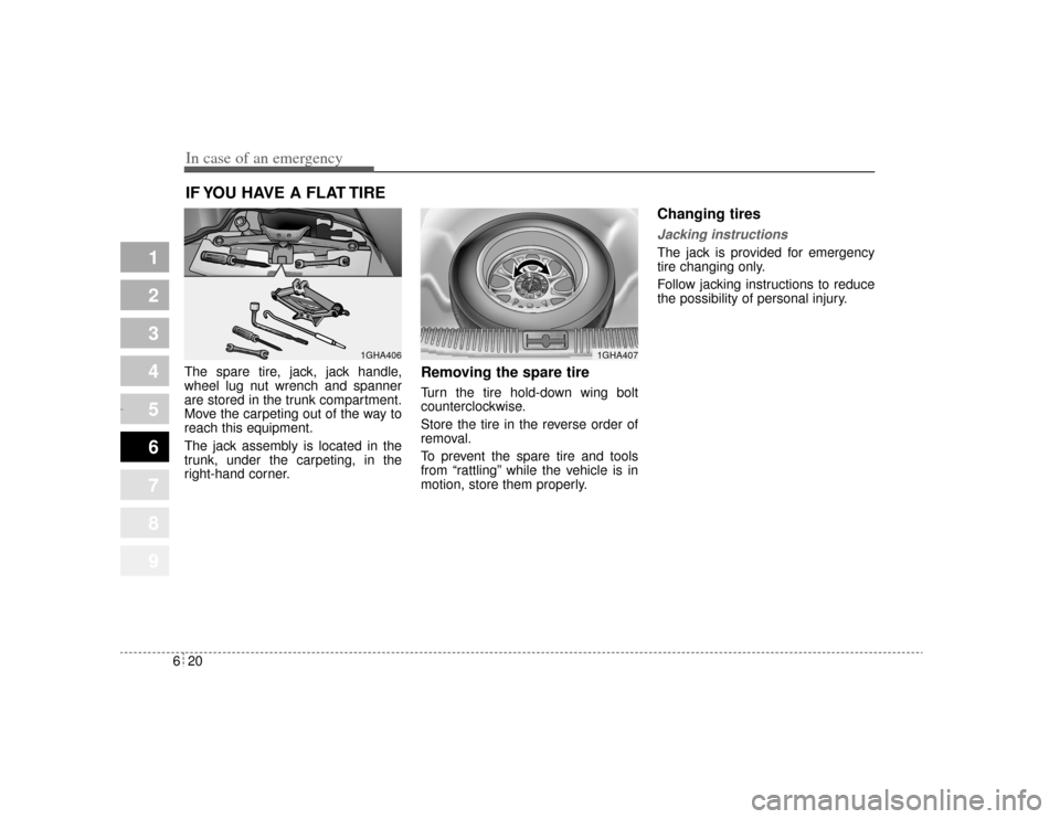 KIA Amanti 2004 1.G Owners Manual In case of an emergency20
6
1
2
3
4
5
6
7
8
9
IF YOU HAVE A FLAT TIRE The spare tire, jack, jack handle,
wheel lug nut wrench and spanner
are stored in the trunk compartment.
Move the carpeting out of