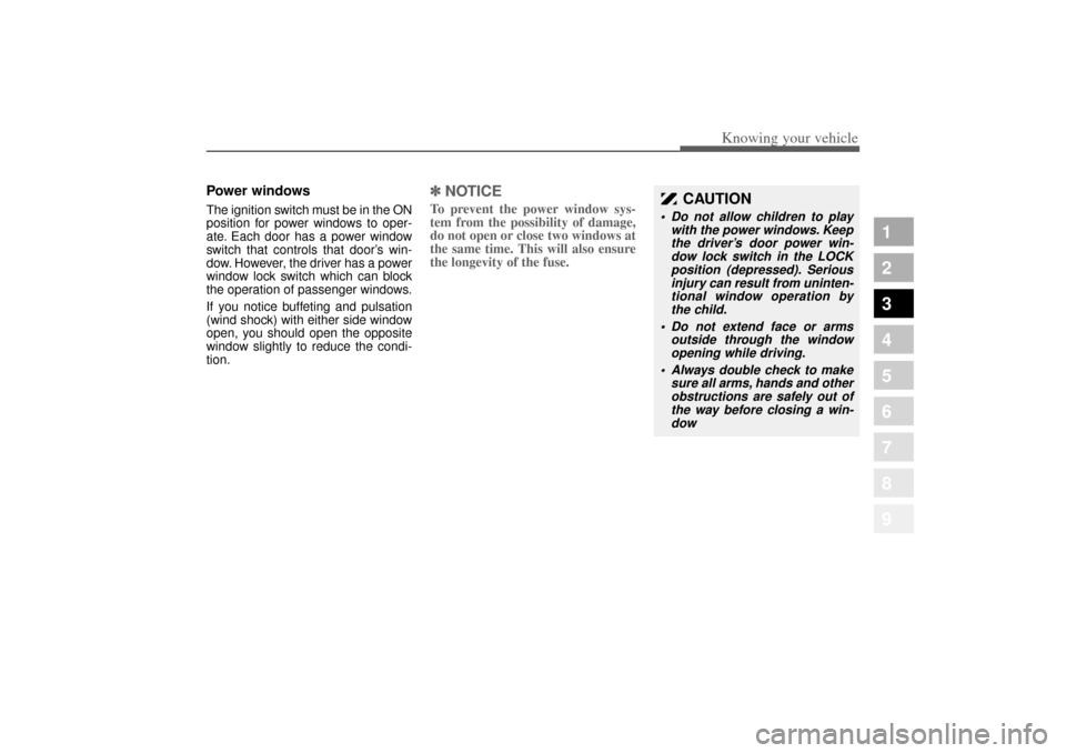 KIA Amanti 2004 1.G Owners Manual 315
1
2
3
4
5
6
7
8
9
Knowing your vehicle
Power windows  The ignition switch must be in the ON
position for power windows to oper-
ate. Each door has a power window
switch that controls that door’s