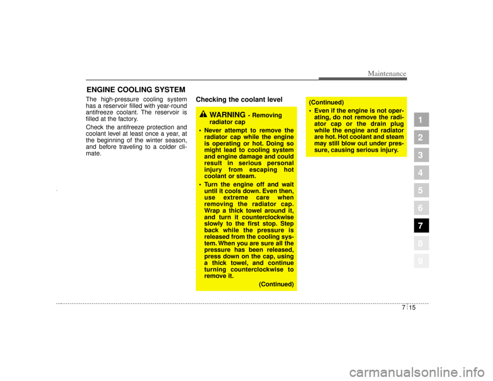 KIA Amanti 2004 1.G Owners Manual 715
Maintenance
1
2
3
4
5
6
7
8
9
ENGINE COOLING SYSTEM   The high-pressure cooling system
has a reservoir filled with year-round
antifreeze coolant. The reservoir is
filled at the factory.
Check the 