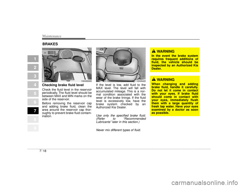 KIA Amanti 2004 1.G Owners Manual Maintenance18
7
1
2
3
4
5
6
7
8
9
BRAKESChecking brake fluid level  Check the fluid level in the reservoir
periodically. The fluid level should be
between MAX and MIN marks on the
side of the reservoi