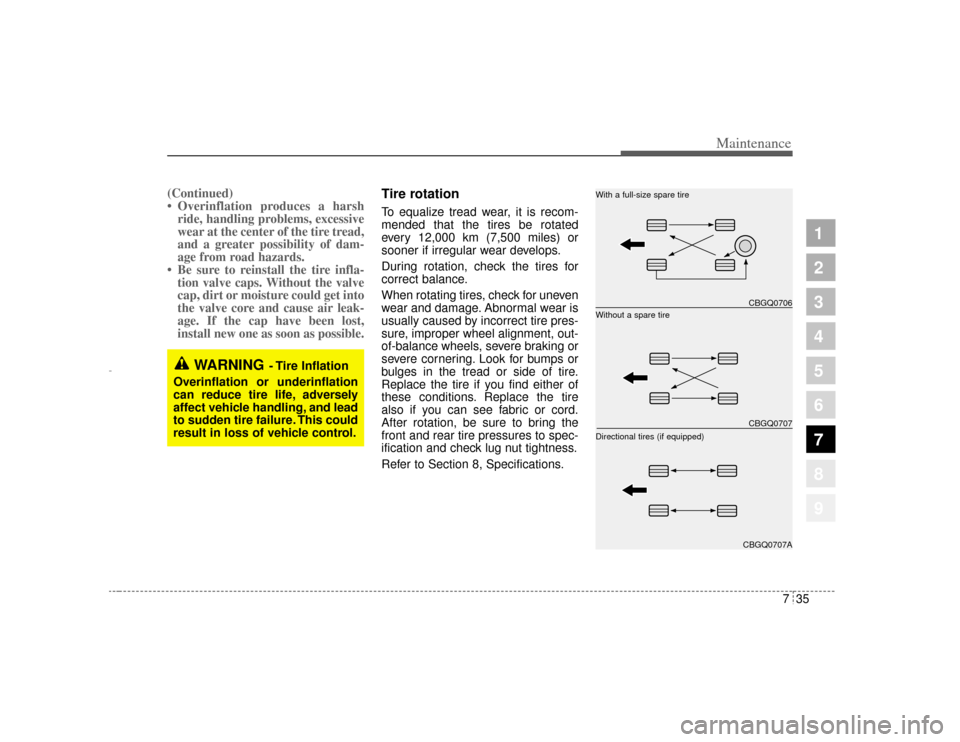 KIA Opirus 2004 1.G Owners Manual 735
Maintenance
1
2
3
4
5
6
7
8
9
(Continued)
• Overinflation produces a harshride, handling problems, excessive
wear at the center of the tire tread,
and a greater possibility of dam-
age from road