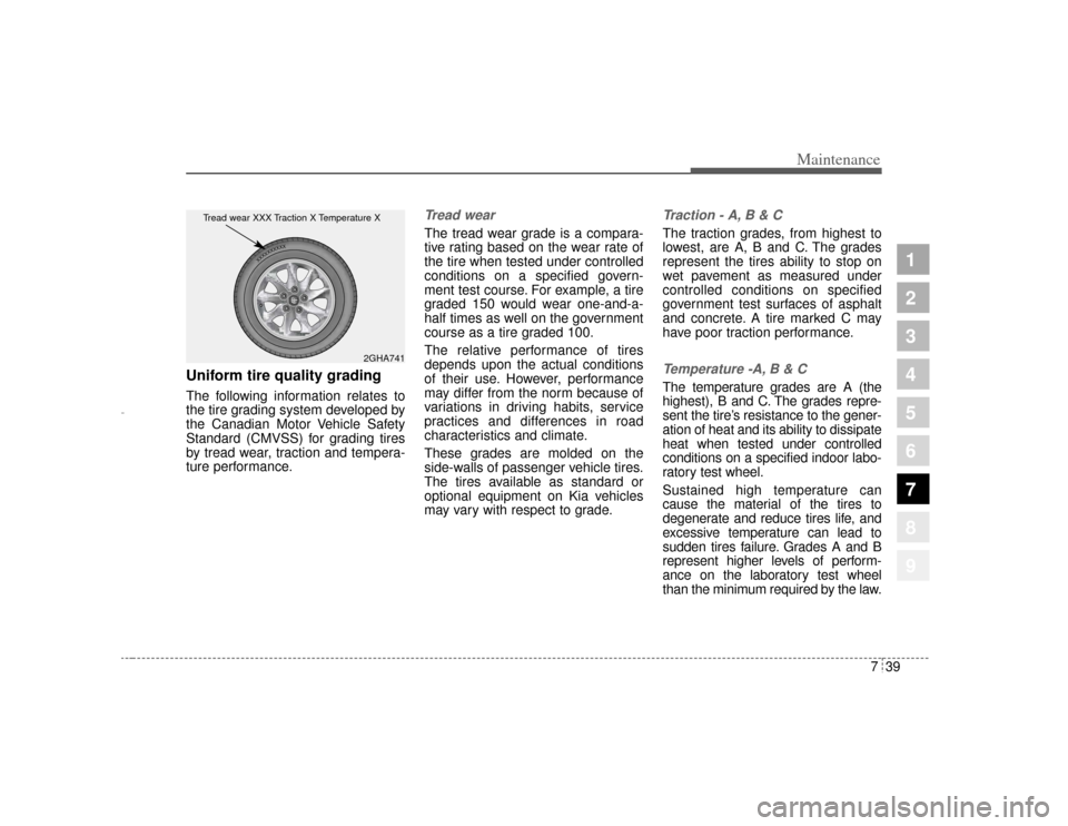 KIA Amanti 2004 1.G Owners Manual 739
Maintenance
1
2
3
4
5
6
7
8
9
Uniform tire quality grading  The following information relates to
the tire grading system developed by
the Canadian Motor Vehicle Safety
Standard (CMVSS) for grading
