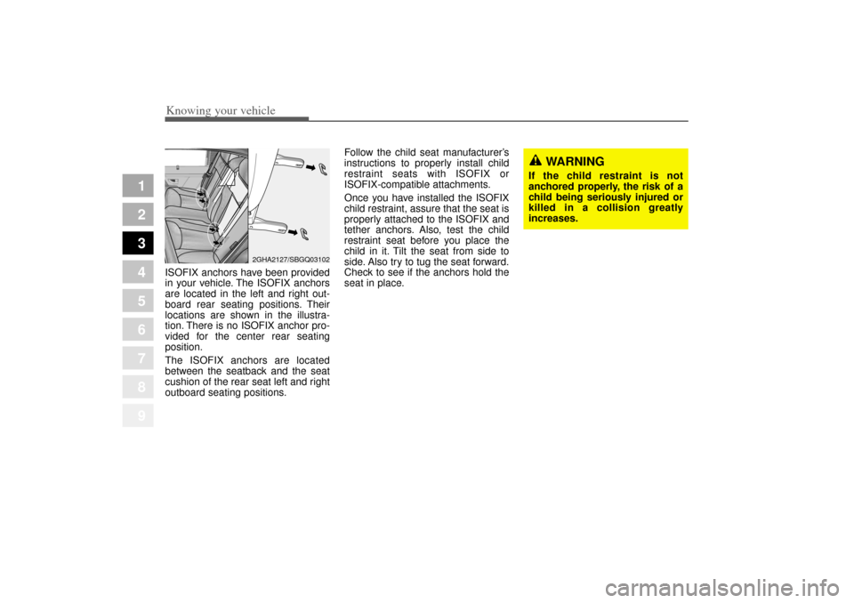 KIA Amanti 2004 1.G Repair Manual Knowing your vehicle58
3
1
2
3
4
5
6
7
8
9
ISOFIX anchors have been provided
in your vehicle. The ISOFIX anchors
are located in the left and right out-
board rear seating positions. Their
locations ar