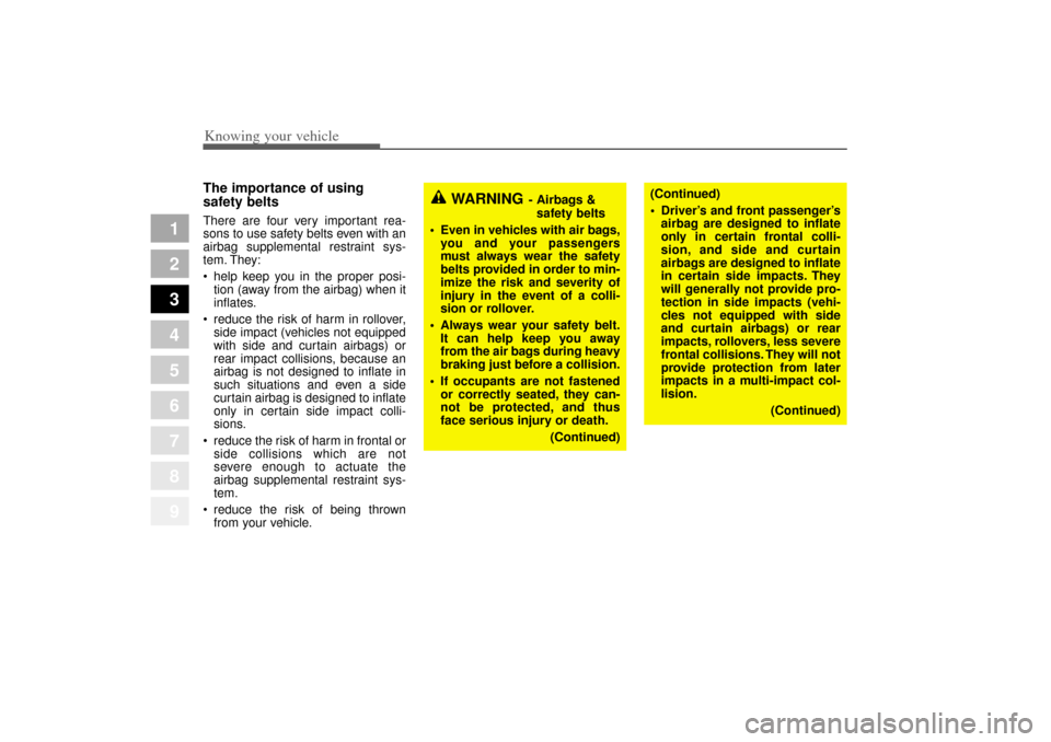 KIA Amanti 2004 1.G Owners Guide Knowing your vehicle62
3
1
2
3
4
5
6
7
8
9
The importance of using 
safety beltsThere are four very important rea-
sons to use safety belts even with an
airbag supplemental restraint sys-
tem. They:
