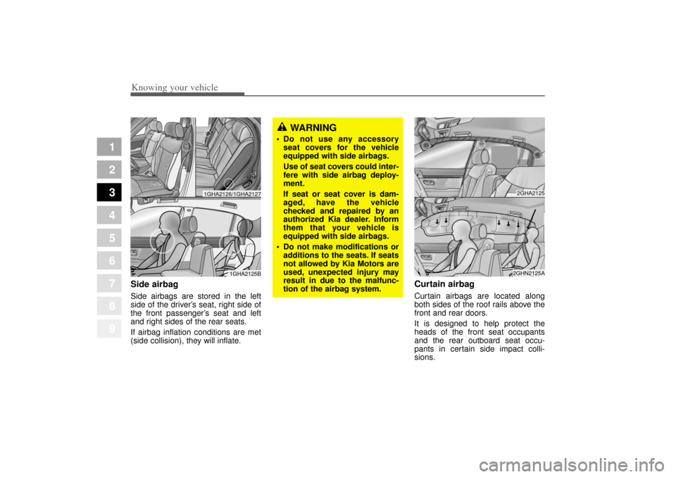 KIA Amanti 2004 1.G Owners Guide Knowing your vehicle66
3
1
2
3
4
5
6
7
8
9
Side airbagSide airbags are stored in the left
side of the driver’ s seat, right side of
the front passenger’ s seat and left
and right sides of the rear