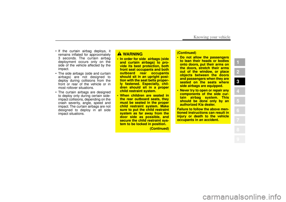 KIA Amanti 2004 1.G Service Manual 367
1
2
3
4
5
6
7
8
9
Knowing your vehicle
If the curtain airbag deploys, it
remains inflated for approximately
3 seconds. The curtain airbag
deployment occurs only on the
side of the vehicle affecte