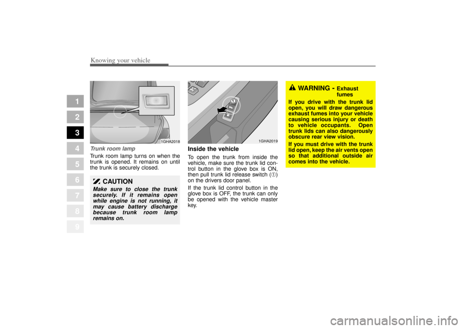 KIA Opirus 2004 1.G User Guide Knowing your vehicle80
3
1
2
3
4
5
6
7
8
9
Trunk room lampTrunk room lamp turns on when the
trunk is opened. It remains on until
the trunk is securely closed.
Inside the vehicleTo open the trunk from KIA Opirus 2004 1.G User Guide Knowing your vehicle80
3
1
2
3
4
5
6
7
8
9
Trunk room lampTrunk room lamp turns on when the
trunk is opened. It remains on until
the trunk is securely closed.
Inside the vehicleTo open the trunk from
