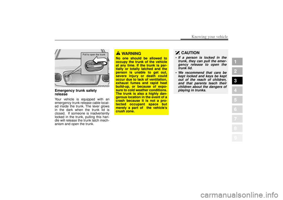 KIA Opirus 2004 1.G Owners Manual 381
1
2
3
4
5
6
7
8
9
Knowing your vehicle
Emergency trunk safety
releaseYour vehicle is equipped with an
emergency trunk release cable locat-
ed inside the trunk. The lever glows
in the dark when the KIA Opirus 2004 1.G Owners Manual 381
1
2
3
4
5
6
7
8
9
Knowing your vehicle
Emergency trunk safety
releaseYour vehicle is equipped with an
emergency trunk release cable locat-
ed inside the trunk. The lever glows
in the dark when the
