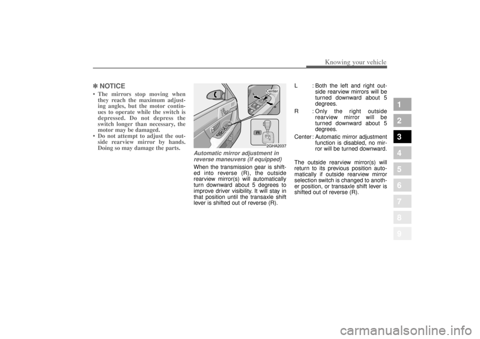 KIA Amanti 2004 1.G Owners Manual 387
1
2
3
4
5
6
7
8
9
Knowing your vehicle
✽ ✽NOTICE• The mirrors stop moving when
they reach the maximum adjust-
ing angles, but the motor contin-
ues to operate while the switch is
depressed. 