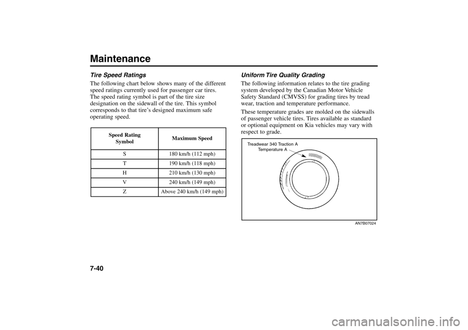KIA Rio 2005 2.G Owners Manual Uniform Tire Quality Grading
The following information relates to the tire grading
system developed by the Canadian Motor Vehicle
Safety Standard (CMVSS) for grading tires by tread
wear, traction and KIA Rio 2005 2.G Owners Manual Uniform Tire Quality Grading
The following information relates to the tire grading
system developed by the Canadian Motor Vehicle
Safety Standard (CMVSS) for grading tires by tread
wear, traction and