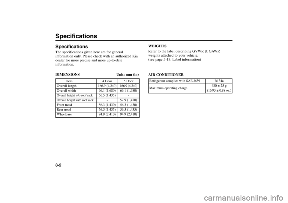 KIA Rio 2005 2.G Owners Manual SpecificationsThe specifications given here are for general
information only. Please check with an authorized Kia
dealer for more precise and more up-to-date
information.
DIMENSIONS Unit: mm (in)WEIGH