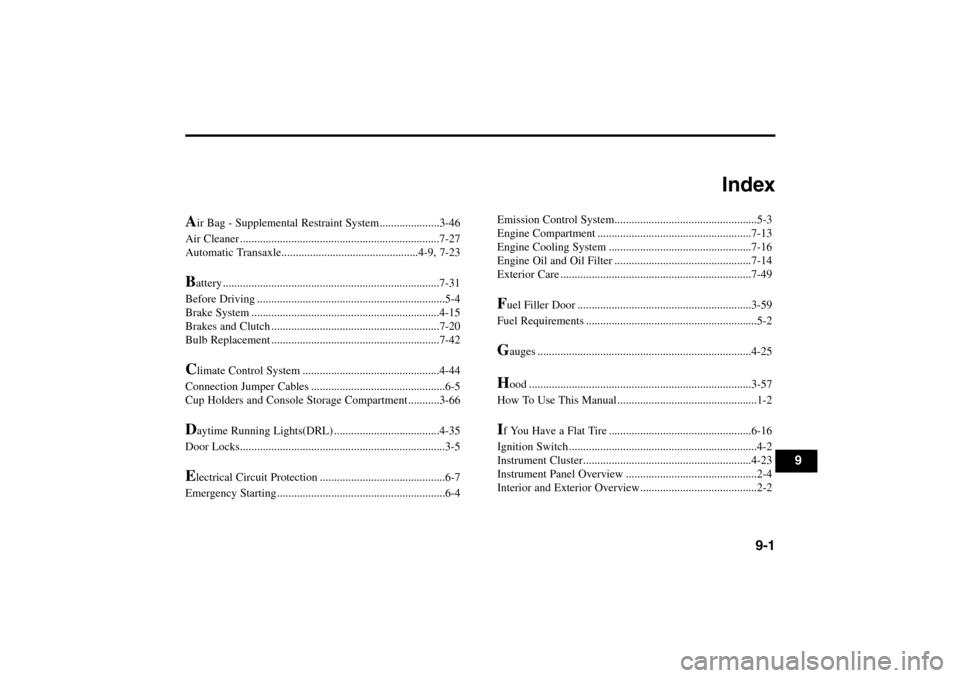 KIA Rio 2005 2.G Manual Online Index
9-1
A
ir Bag - Supplemental Restraint System.....................3-46
Air Cleaner ......................................................................7-27
Automatic Transaxle..................