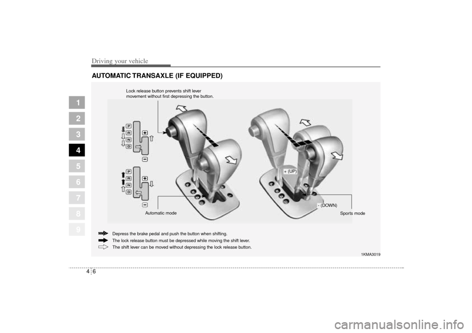 KIA Sportage 2005 JE_ / 2.G Owners Manual 1
2
3
4
5
6
7
8
9
Driving your vehicle6 4AUTOMATIC TRANSAXLE (IF EQUIPPED)
1KMA3019
The lock release button must be depressed while moving the shift lever. Depress the brake pedal and push the button KIA Sportage 2005 JE_ / 2.G Owners Manual 1
2
3
4
5
6
7
8
9
Driving your vehicle6 4AUTOMATIC TRANSAXLE (IF EQUIPPED)
1KMA3019
The lock release button must be depressed while moving the shift lever. Depress the brake pedal and push the button