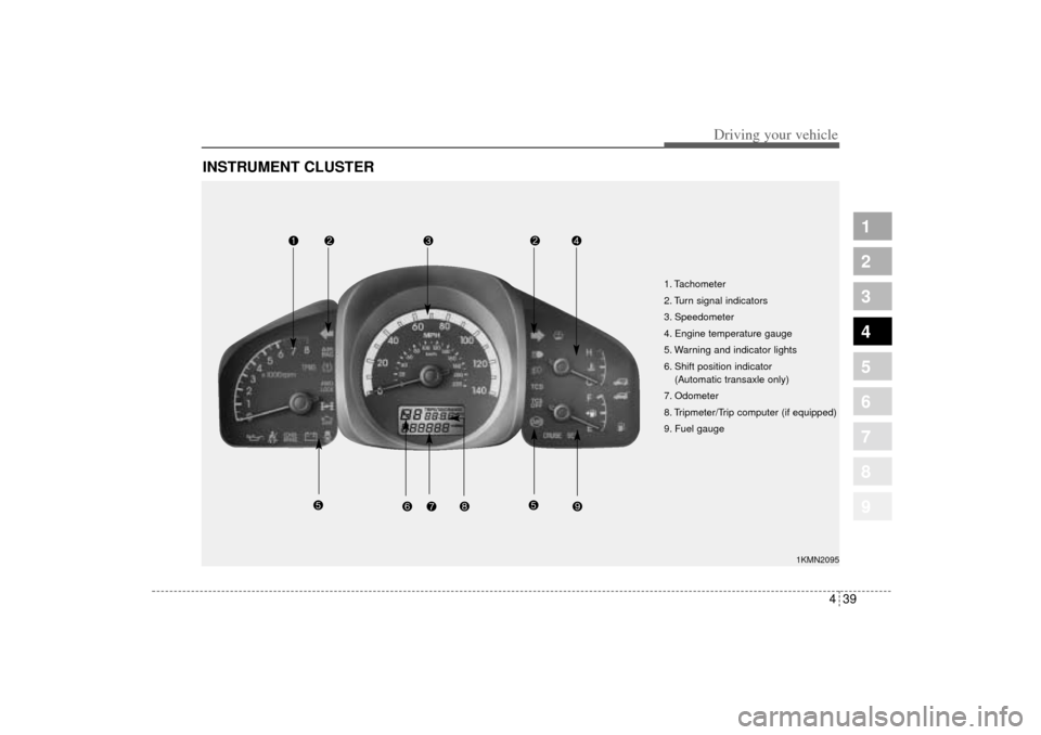 KIA Sportage 2005 JE_ / 2.G Owners Manual 439
Driving your vehicle
1
2
3
4
5
6
7
8
9
INSTRUMENT CLUSTER
1. Tachometer 
2. Turn signal indicators
3. Speedometer
4. Engine temperature gauge
5. Warning and indicator lights
6. Shift position indi