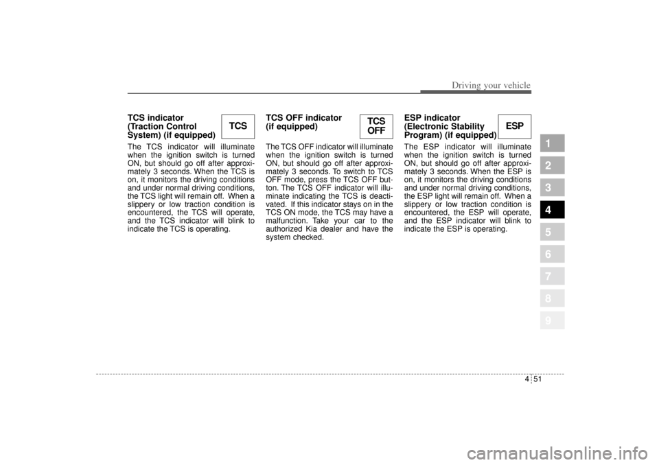 KIA Sportage 2005 JE_ / 2.G Owners Manual 451
Driving your vehicle
1
2
3
4
5
6
7
8
9
TCS indicator 
(Traction Control
System) (if equipped) The TCS indicator will illuminate
when the ignition switch is turned
ON, but should go off after appro