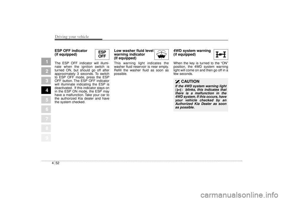 KIA Sportage 2005 JE_ / 2.G Owners Manual Driving your vehicle52 4
1
2
3
4
5
6
7
8
9
ESP OFF indicator
(if equipped)The ESP OFF indicator will illumi-
nate when the ignition switch is
turned ON, but should go off after
approximately 3 seconds