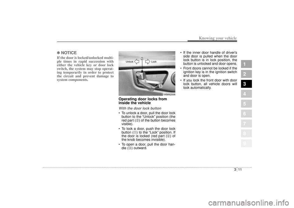 KIA Sportage 2005 JE_ / 2.G Owners Manual 311
Knowing your vehicle
1
2
3
4
5
6
7
8
9
✽ ✽
NOTICEIf the door is locked/unlocked multi-
ple times in rapid succession with
either the vehicle key or door lock
switch, the system may stop operat