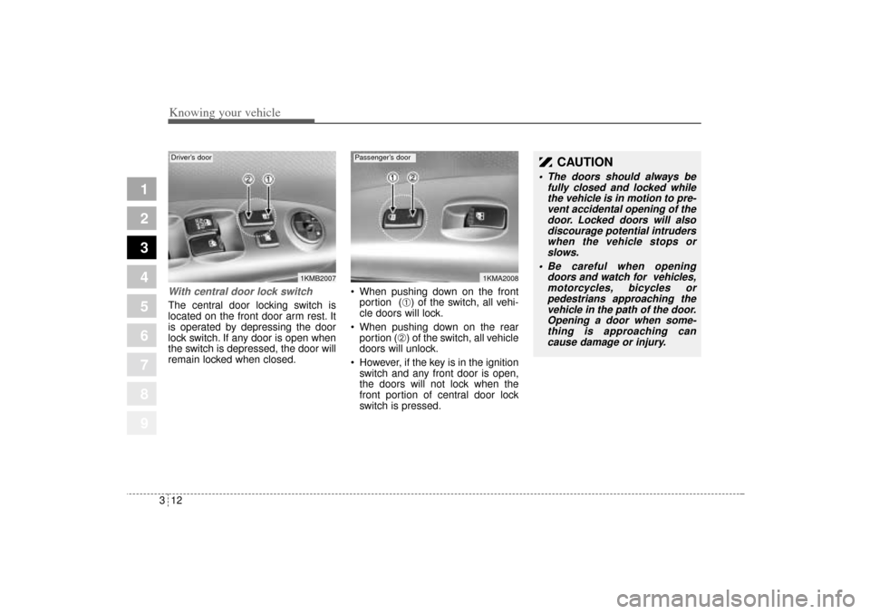 KIA Sportage 2005 JE_ / 2.G Owners Manual Knowing your vehicle12 3
1
2
3
4
5
6
7
8
9
With central door lock switchThe central door locking switch is
located on the front door arm rest. It
is operated by depressing the door
lock switch. If any