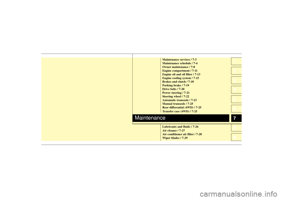 KIA Sportage 2005 JE_ / 2.G Owners Manual 1
2
3
4
5
6
7
8
9
Maintenance services / 7-3
Maintenance schedule / 7-4
Owner maintenance / 7-8
Engine compartment / 7-11
Engine oil and oil filter / 7-13
Engine cooling system / 7-15
Brakes and clutc
