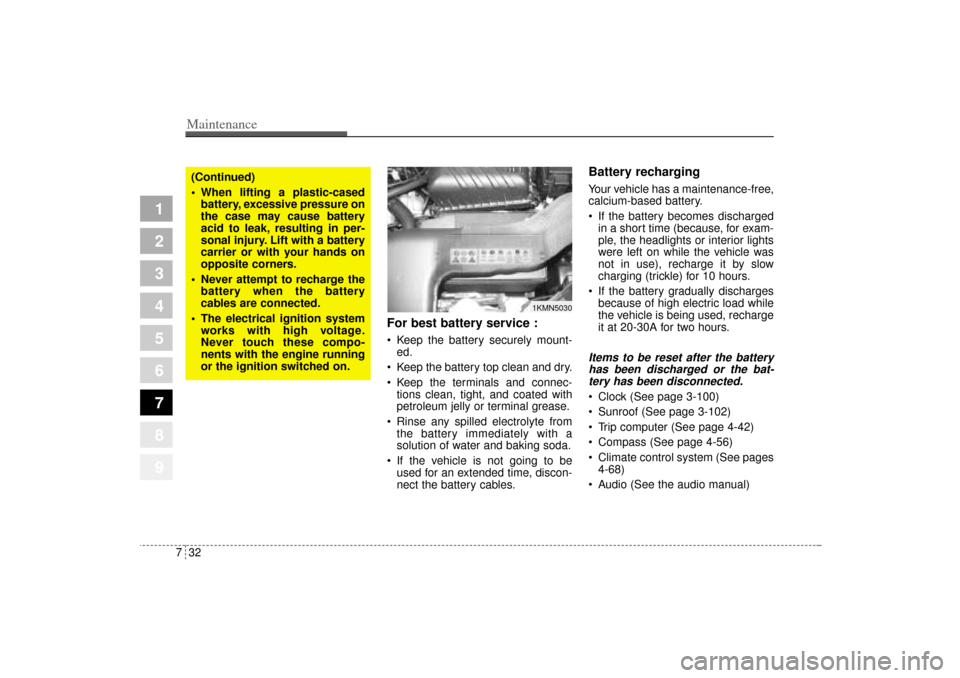 KIA Sportage 2005 JE_ / 2.G Owners Manual Maintenance32 7
1
2
3
4
5
6
7
8
9
For best battery service : Keep the battery securely mount-
ed.
 Keep the battery top clean and dry.
 Keep the terminals and connec-
tions clean, tight, and coated