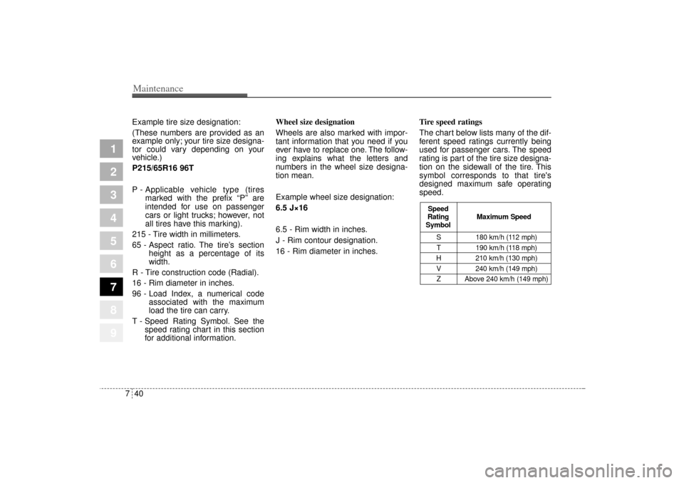 KIA Sportage 2005 JE_ / 2.G Owners Manual Maintenance40 7
1
2
3
4
5
6
7
8
9
Example tire size designation:
(These numbers are provided as an
example only; your tire size designa-
tor could vary depending on your
vehicle.)
P215/65R16 96T
P - A