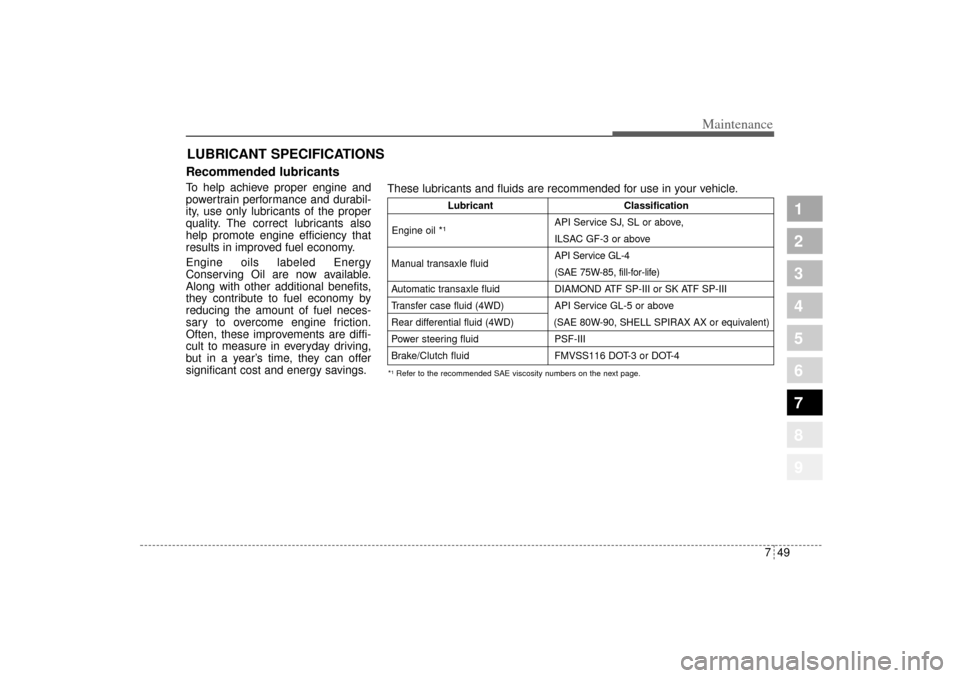 KIA Sportage 2005 JE_ / 2.G Owners Manual 749
Maintenance
1
2
3
4
5
6
7
8
9
LUBRICANT SPECIFICATIONSRecommended lubricants  To help achieve proper engine and
powertrain performance and durabil-
ity, use only lubricants of the proper
quality. 
