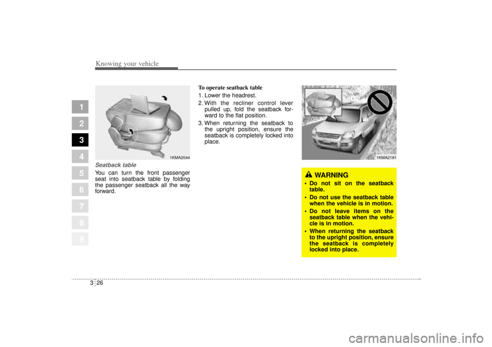 KIA Sportage 2005 JE_ / 2.G Owners Guide Knowing your vehicle26 3
1
2
3
4
5
6
7
8
9
Seatback tableYou can turn the front passenger
seat into seatback table by folding
the passenger seatback all the way
forward.To operate seatback table
1. Lo