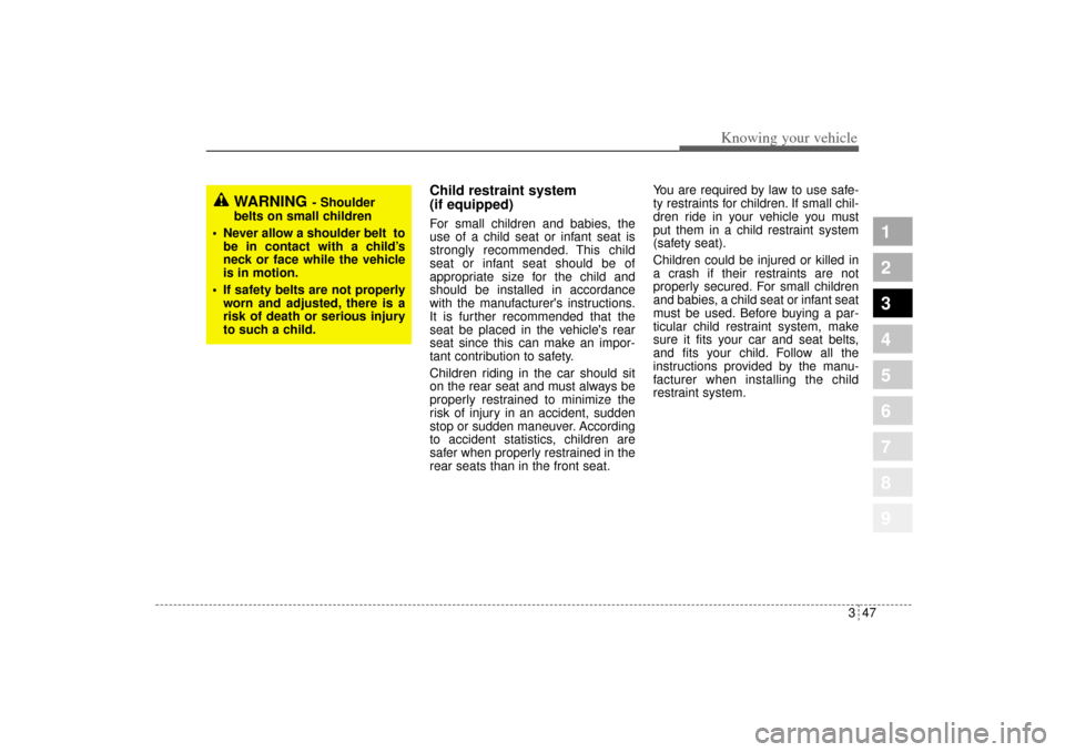 KIA Sportage 2005 JE_ / 2.G Owners Manual 347
Knowing your vehicle
1
2
3
4
5
6
7
8
9
Child restraint system 
(if equipped)For small children and babies, the
use of a child seat or infant seat is
strongly recommended. This child
seat or infant