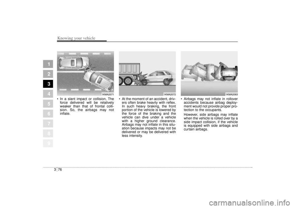 KIA Sportage 2005 JE_ / 2.G Manual Online Knowing your vehicle76 3
1
2
3
4
5
6
7
8
9
In a slant impact or collision, The
force delivered will be relatively
weaker than that of frontal colli-
sion. So, the airbags may not
inflate. At the mo KIA Sportage 2005 JE_ / 2.G Manual Online Knowing your vehicle76 3
1
2
3
4
5
6
7
8
9
In a slant impact or collision, The
force delivered will be relatively
weaker than that of frontal colli-
sion. So, the airbags may not
inflate. At the mo